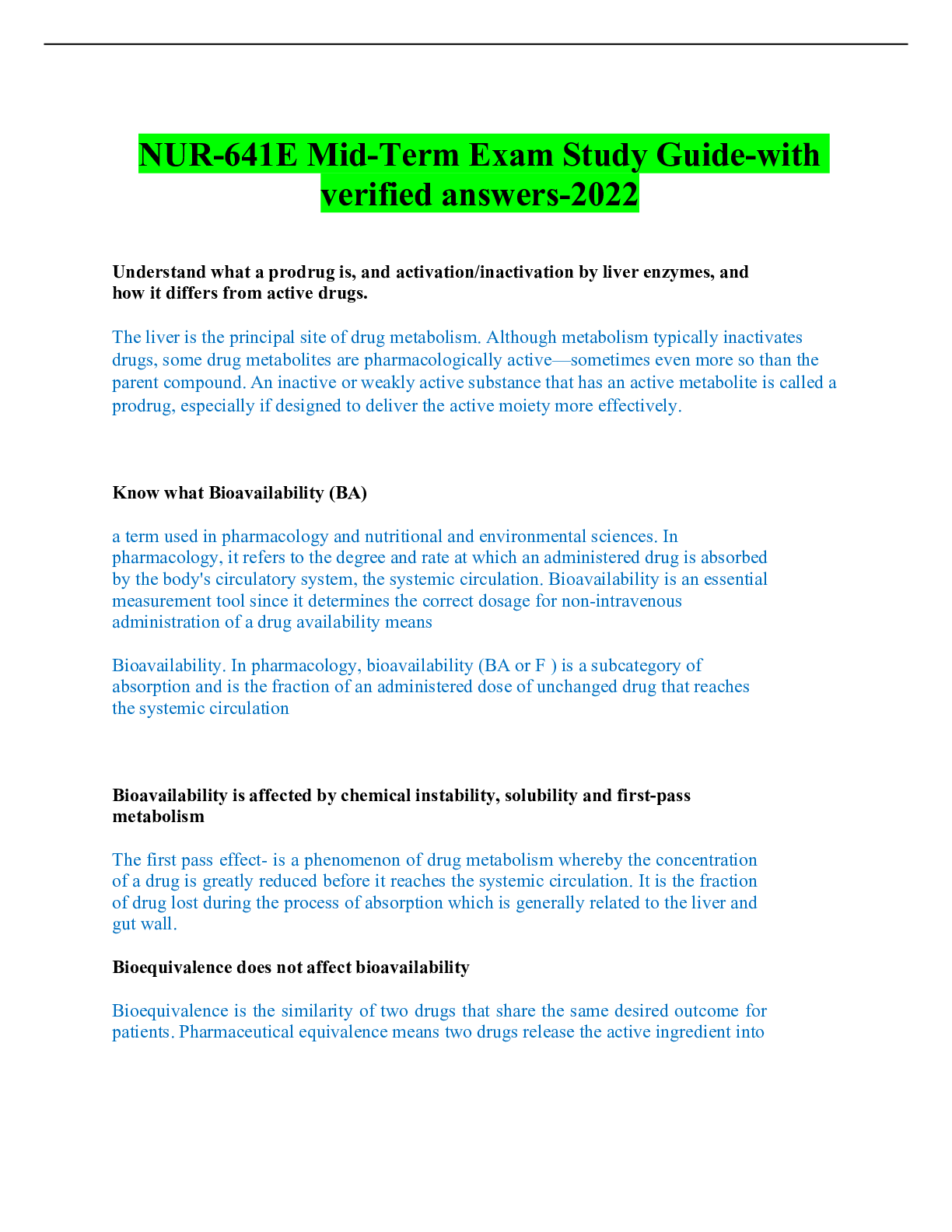 Preview of NUR-641E Mid-Term Exam Study Guide-with verified answers-2022